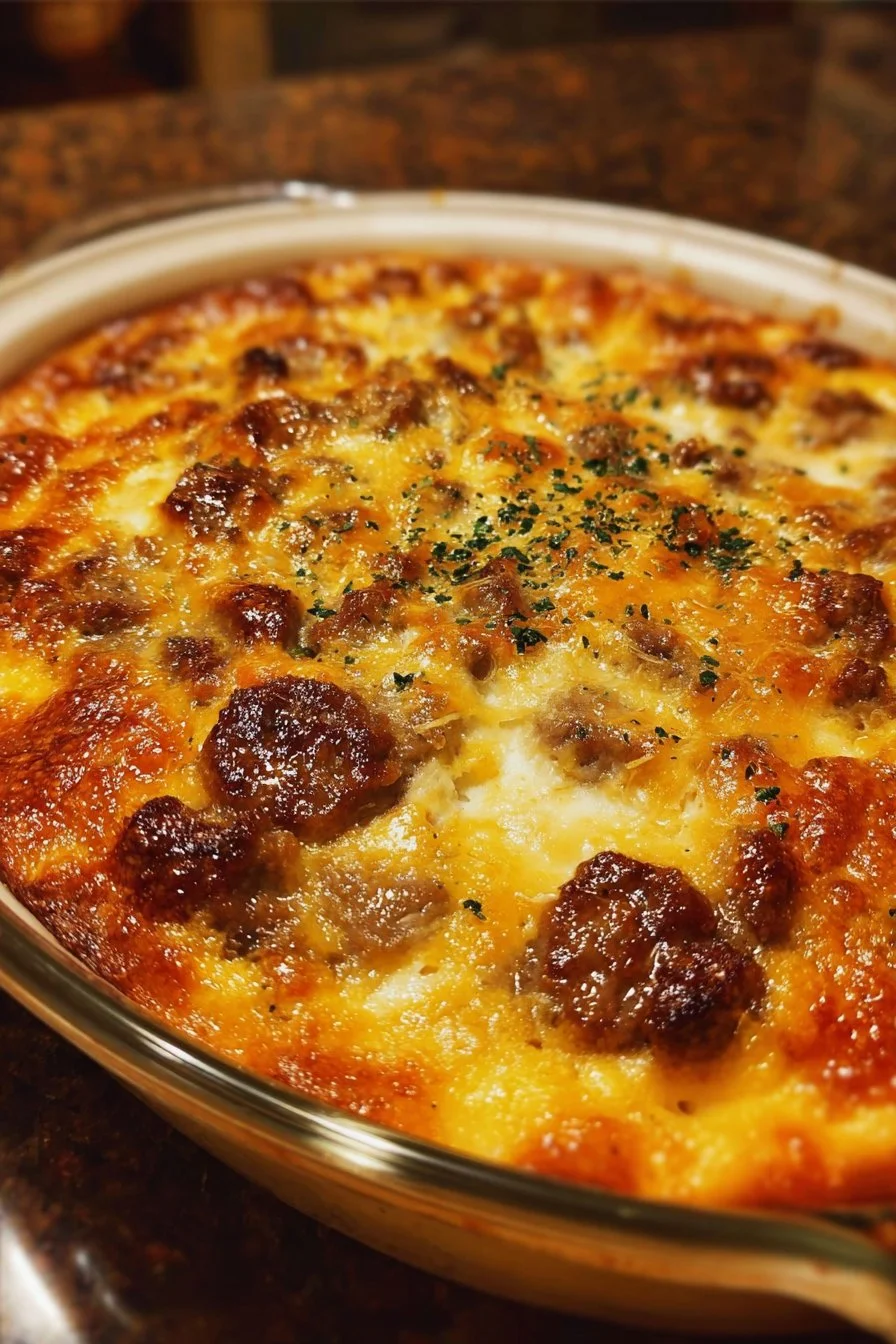 Easy beef sausage cheese casserole baked in a dish with melted cheese topping.