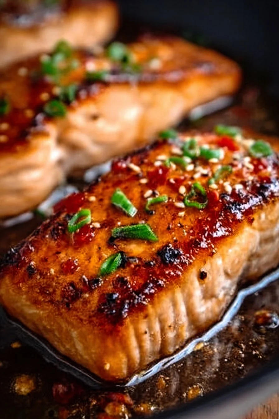 Crispy honey garlic glazed salmon served with vegetables