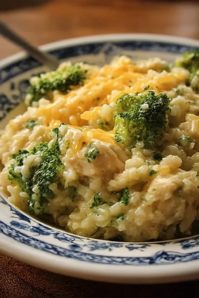 Crockpot cheesy chicken with broccoli and rice in a bowl