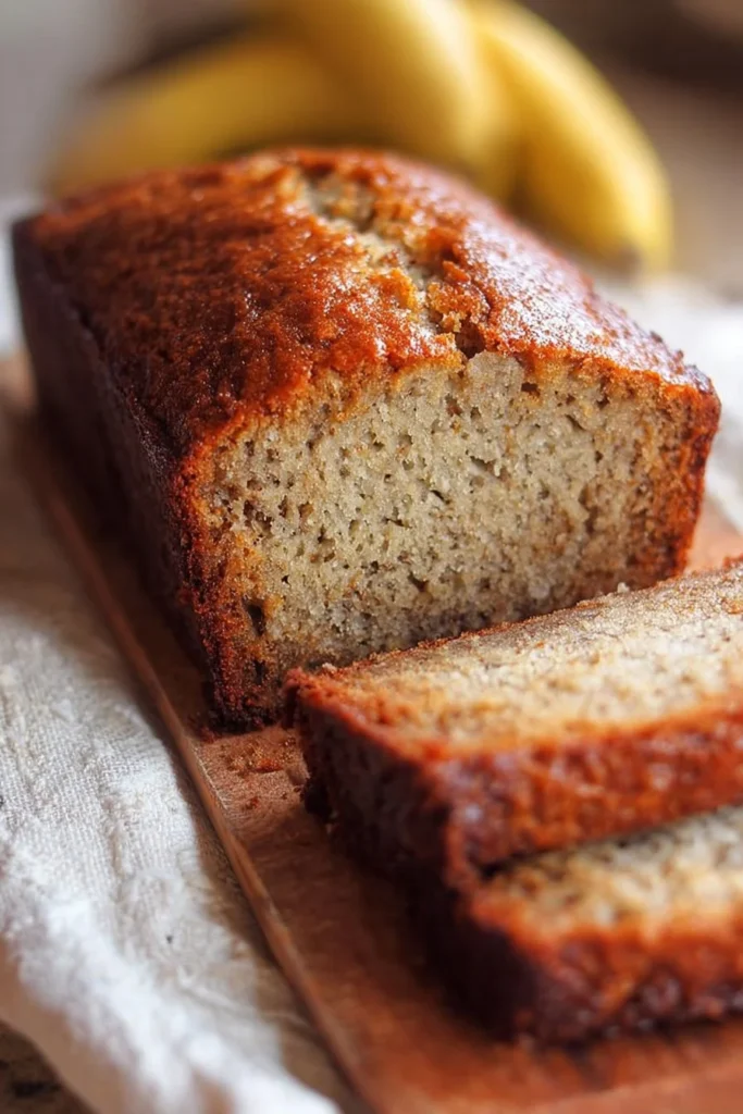 Slice of easy moist banana bread on a wooden cutting board