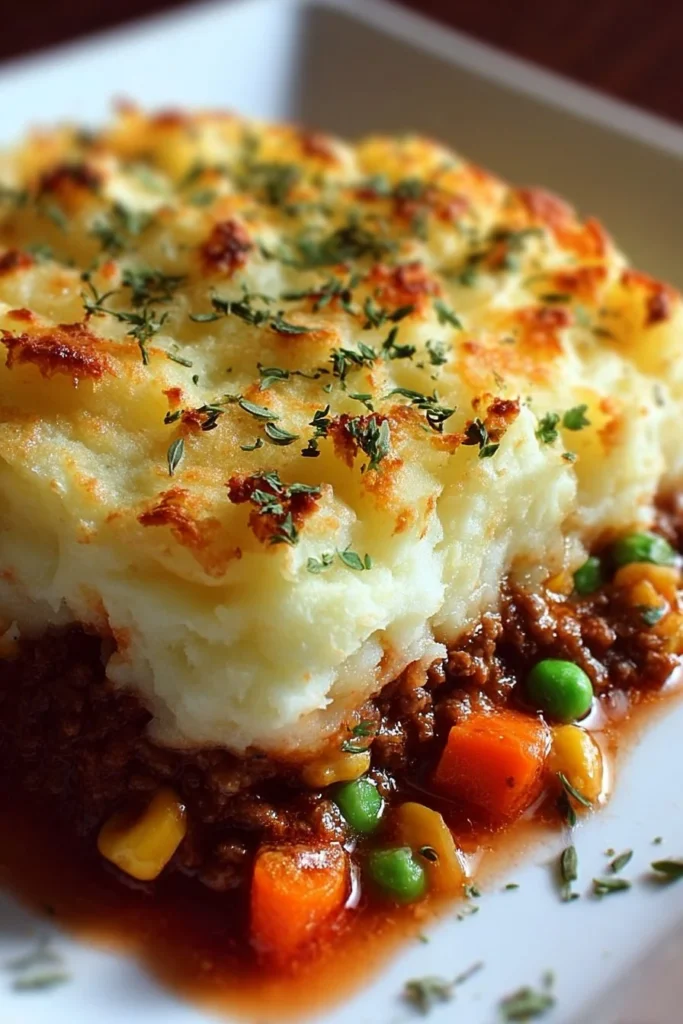 Delicious easy Shepherd's Pie casserole topped with golden mashed potatoes