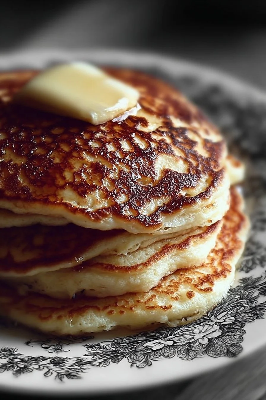 Flourless cottage cheese pancakes stacked on a plate, topped with fresh fruit