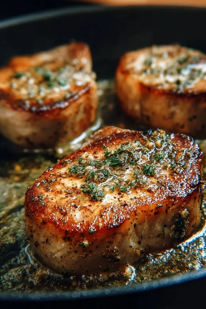 Juicy garlic butter pan-seared pork chops on a plate