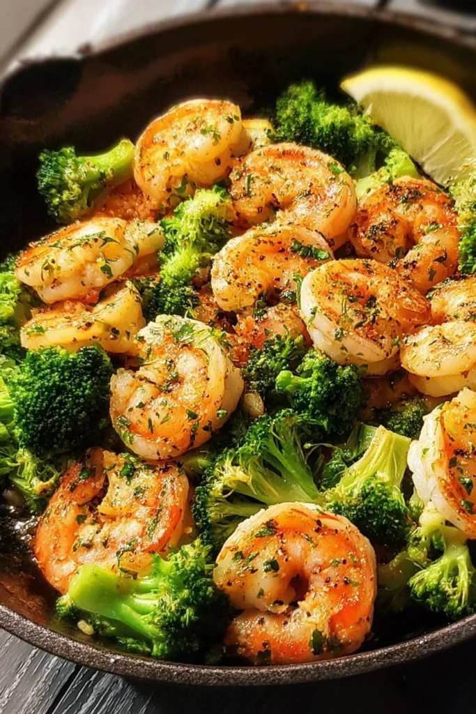 Creamy Garlic-Butter Shrimp with Broccoli in a skillet served warm
