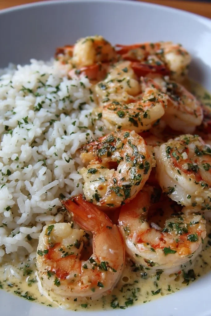 Plate of garlic butter shrimp served with rice for a delightful meal.