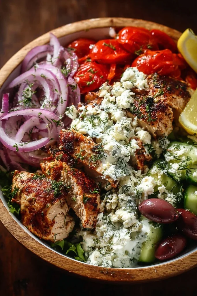 Delicious Greek Chicken Bowls with fresh vegetables and flavorful herbs