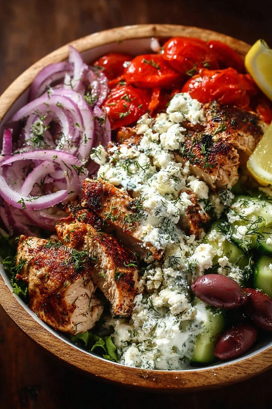 Delicious Greek Chicken Bowls with fresh vegetables and flavorful herbs