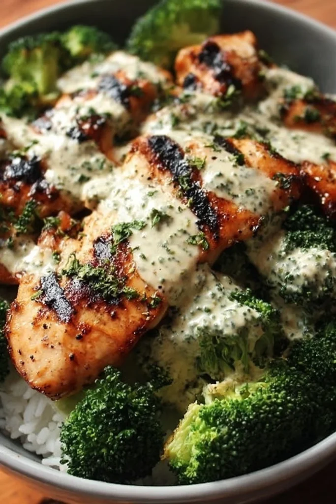 Grilled chicken and broccoli bowl with creamy garlic sauce