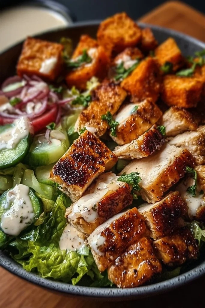 Delicious grilled chicken salad with fresh vegetables and dressing