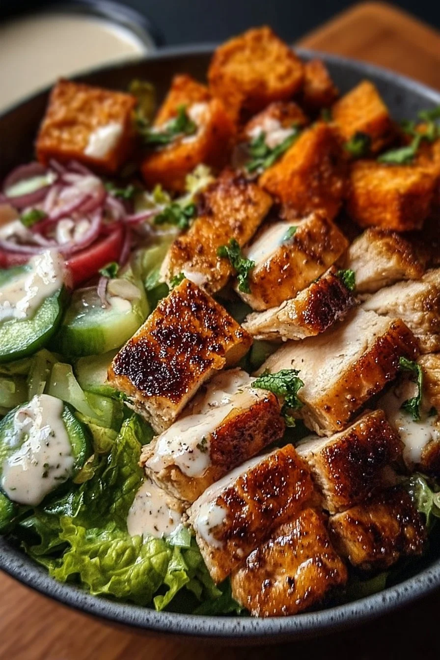 Delicious grilled chicken salad with fresh vegetables and dressing