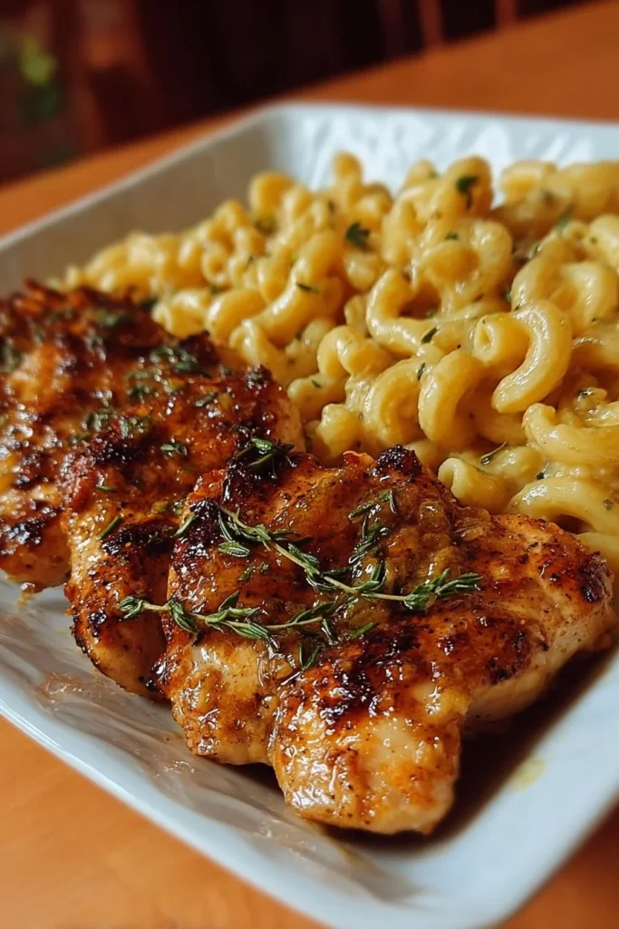 High-protein honey garlic butter chicken served with mac and cheese.
