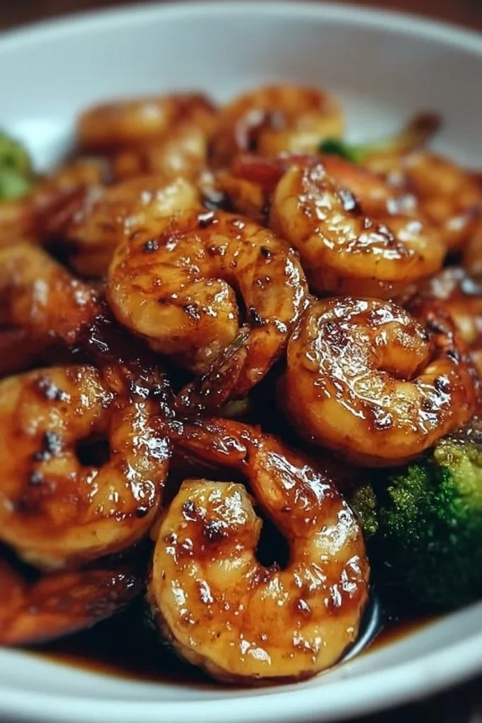 High-protein honey garlic shrimp served on a plate with vegetables