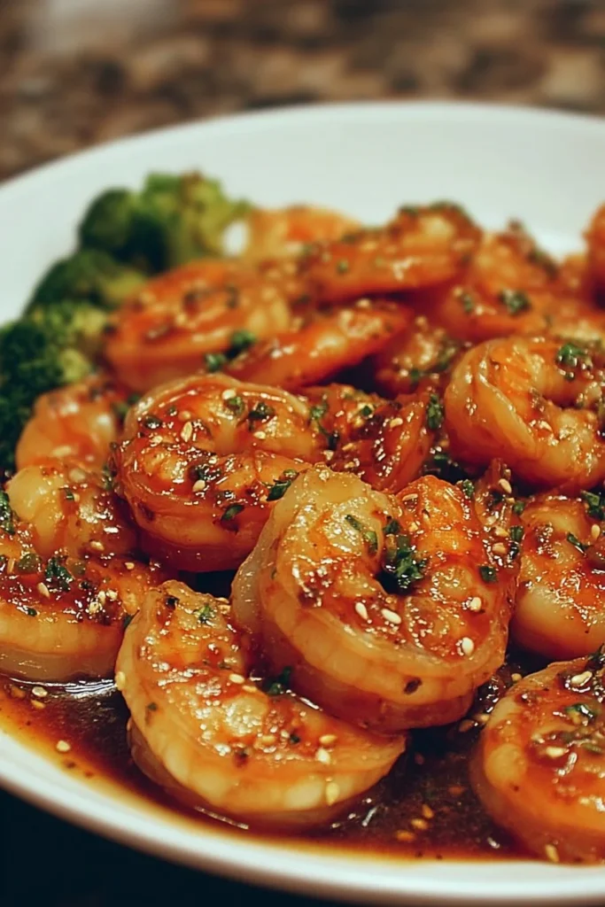 High-protein honey garlic shrimp served with fresh vegetables