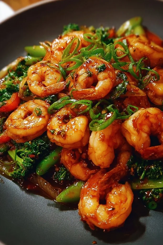 High-protein shrimp stir fry with colorful vegetables in a skillet
