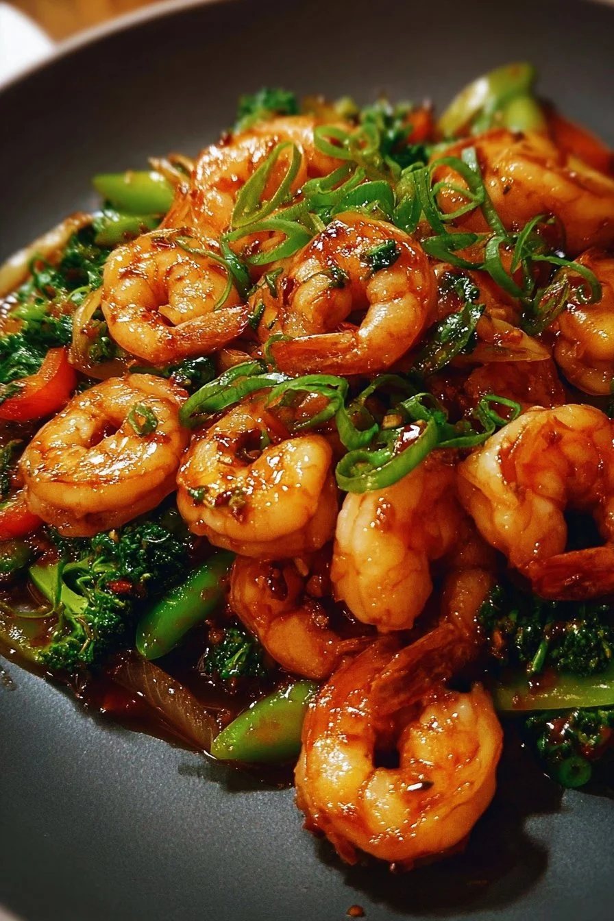 High-protein shrimp stir fry with colorful vegetables in a skillet