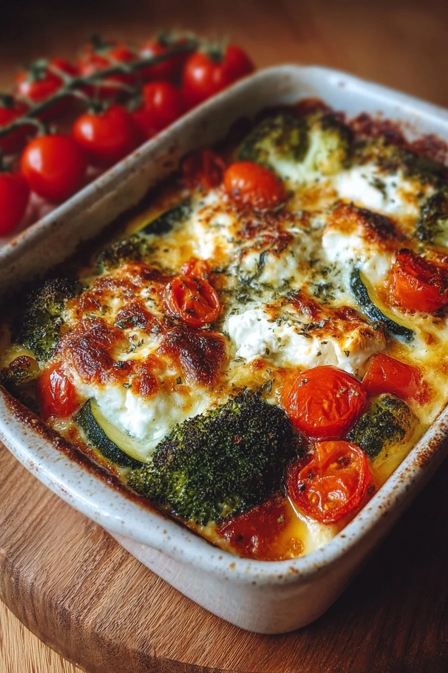 High-protein veggie bake with cottage cheese served in a baking dish.