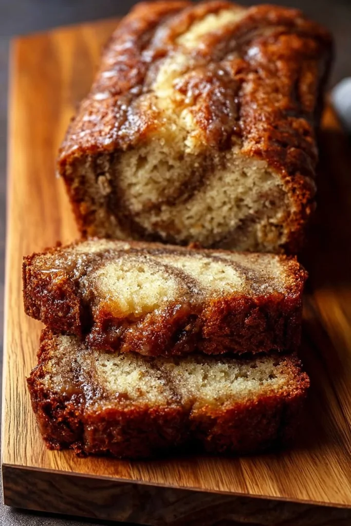 A loaf of homemade cinnamon swirl banana bread, freshly baked and sliced.