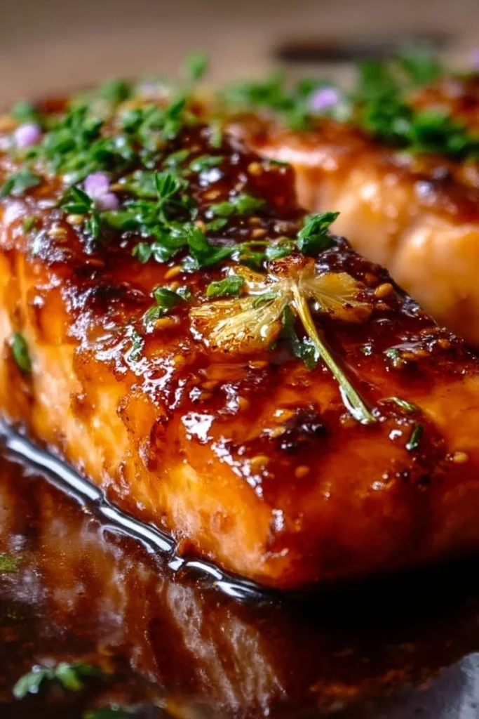Honey Garlic Salmon dish garnished with herbs and served on a plate.