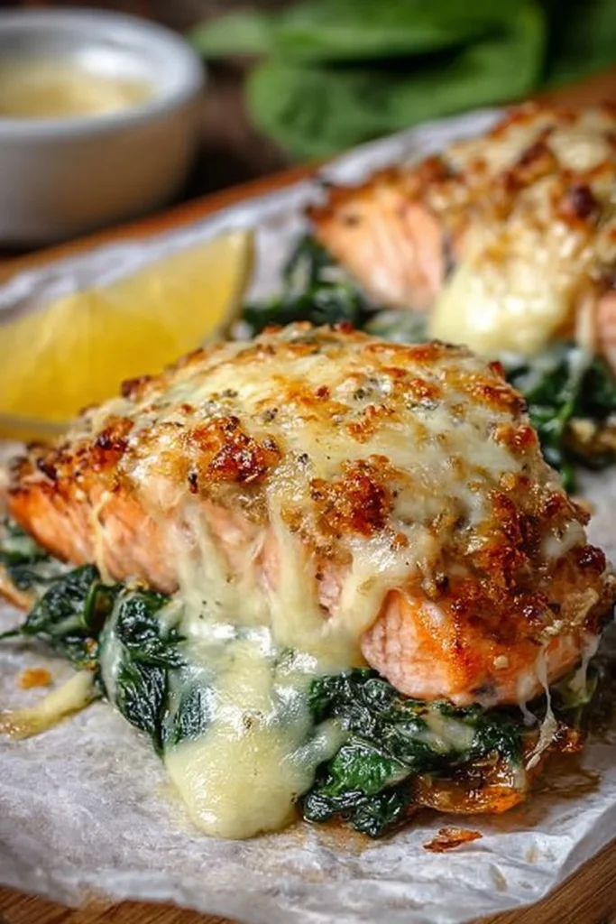 Delicious baked salmon with spinach and mozzarella served on a plate
