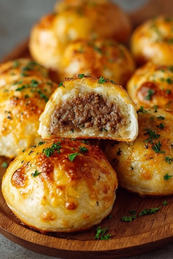 Garlic parmesan cheeseburger bombs served on a plate with dipping sauce