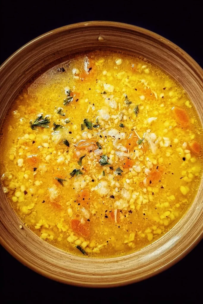A bowl of Italian Penicillin Soup garnished with fresh herbs and spices.