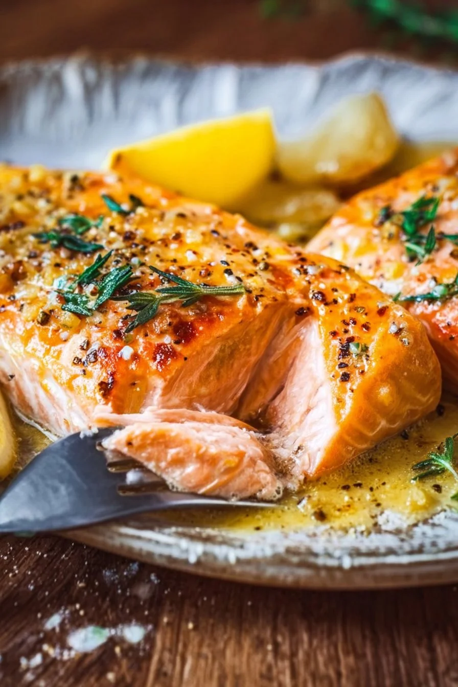 Lemon Garlic Salmon 2 Healthy Lemon Garlic Salmon dish garnished with fresh herbs and lemon slices.