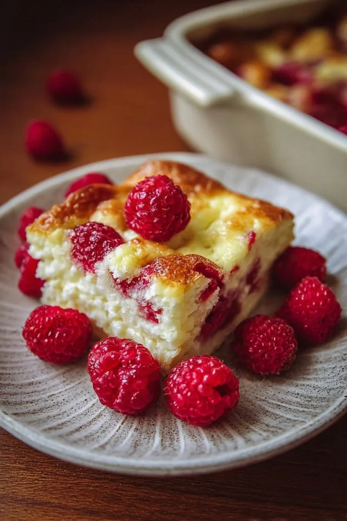 Healthy Lemon Raspberry Cottage Cheese Bake topped with fresh raspberries and lemon zest.