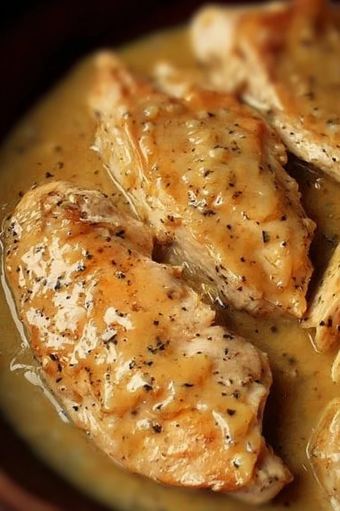 Low Cooker Chicken Breasts served with savory gravy in a bowl.