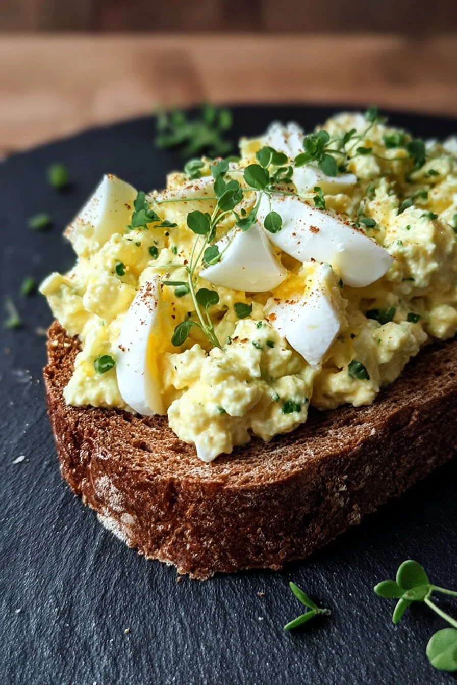 Mayo-Free Egg Salad with Avocado 2 Mayo-free egg salad with avocado on a plate, healthy and nutritious dish