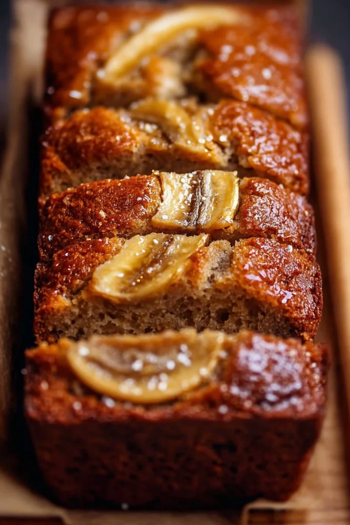 Moist banana bread loaf with ripe bananas and nuts, perfect for breakfast.