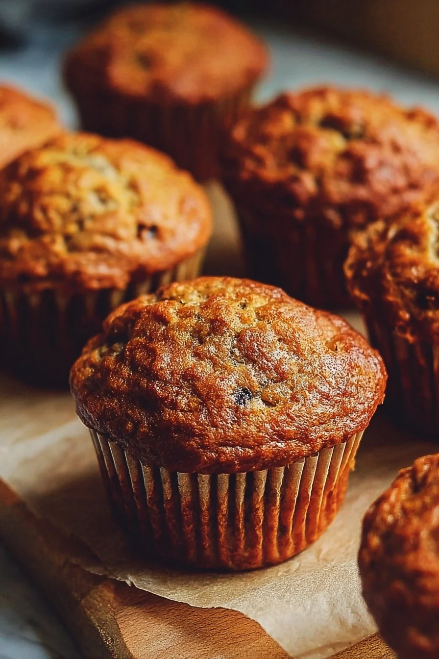 Moist Banana Bread Muffins 2 Freshly baked moist banana bread muffins cooling on a rack.