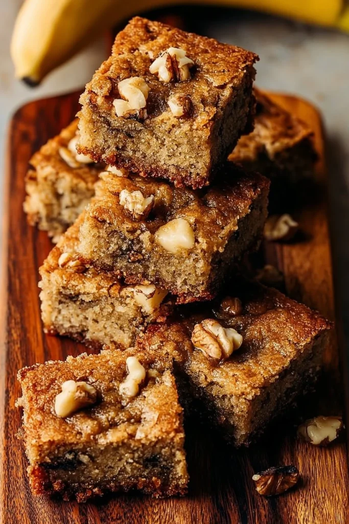Nutty banana bread blondies topped with nuts and caramel sauce.