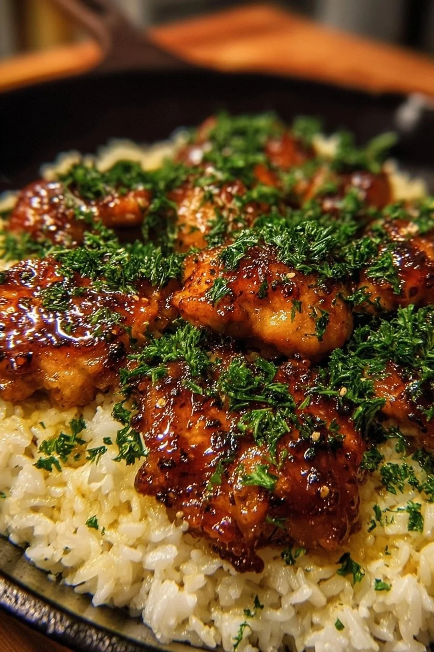 One-Pan Honey Butter Garlic Chicken & Rice 2 One-Pan Honey Butter Garlic Chicken served with rice on a plate