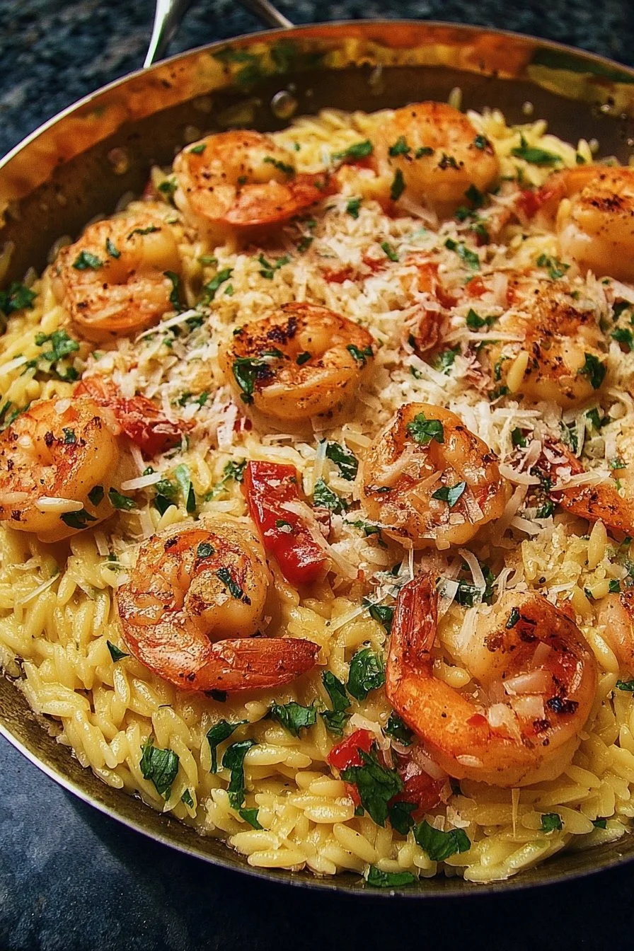 One Pan Parmesan Orzo with Shrimp cooked in a skillet