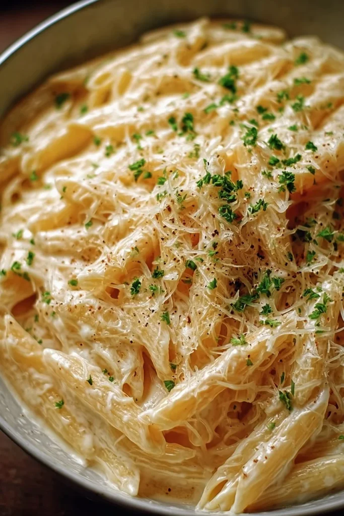 One Pot Creamy Garlic Pasta topped with parsley and parmesan cheese.