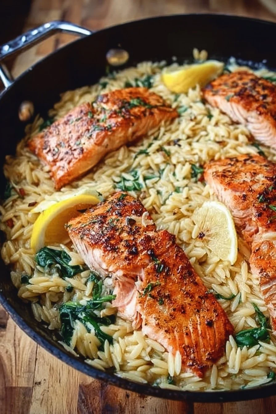 One Skillet Salmon with Lemon Orzo 2 Skillet salmon served with lemon orzo on a white plate