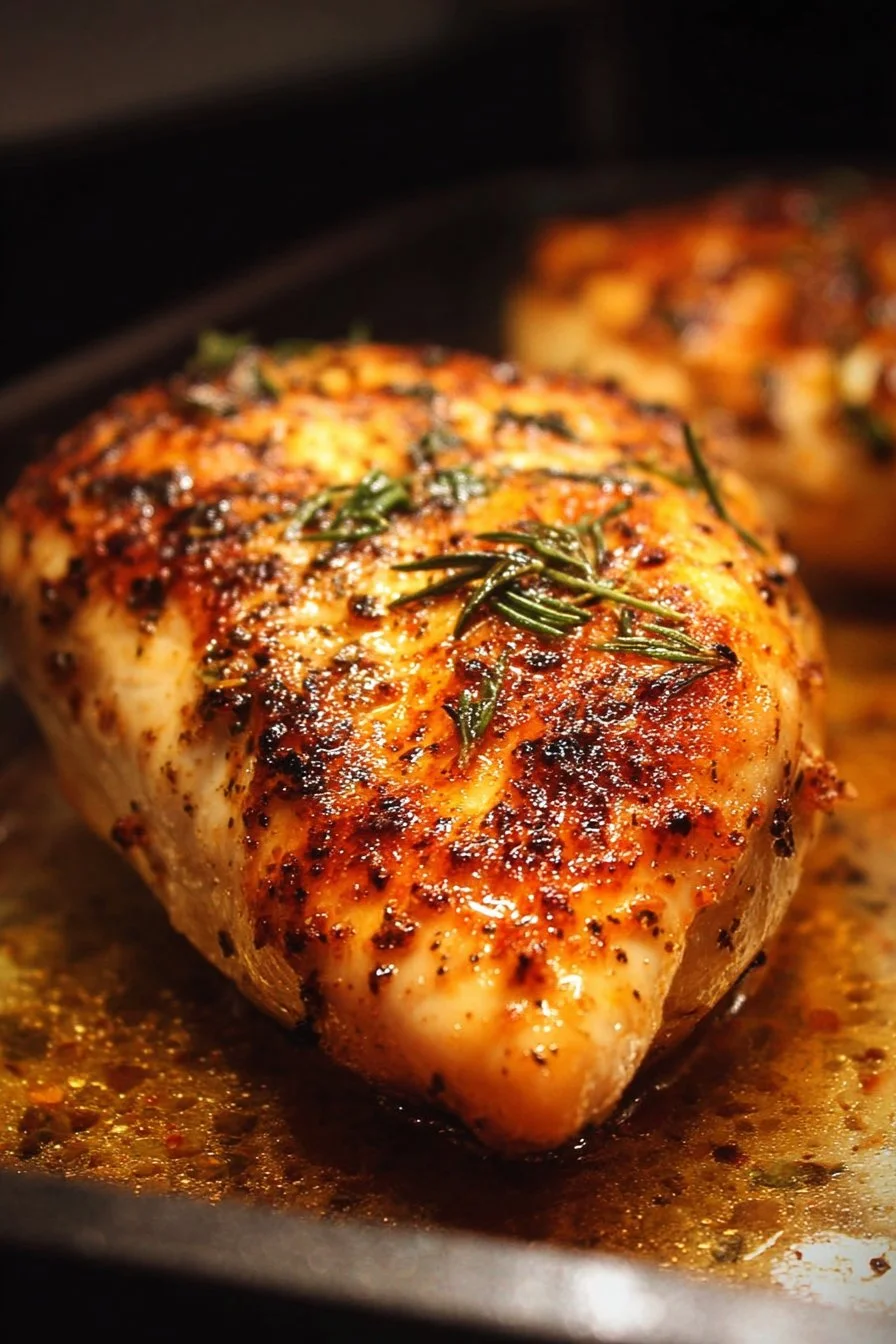 Juicy oven-baked chicken breast garnished with herbs and spices