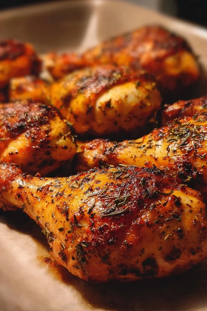 Oven baked chicken legs garnished with herbs and spices