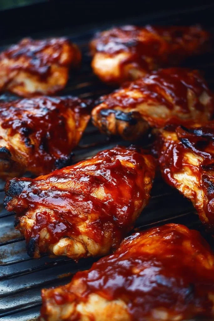 Oven roasted BBQ chicken served on a plate with garnish.
