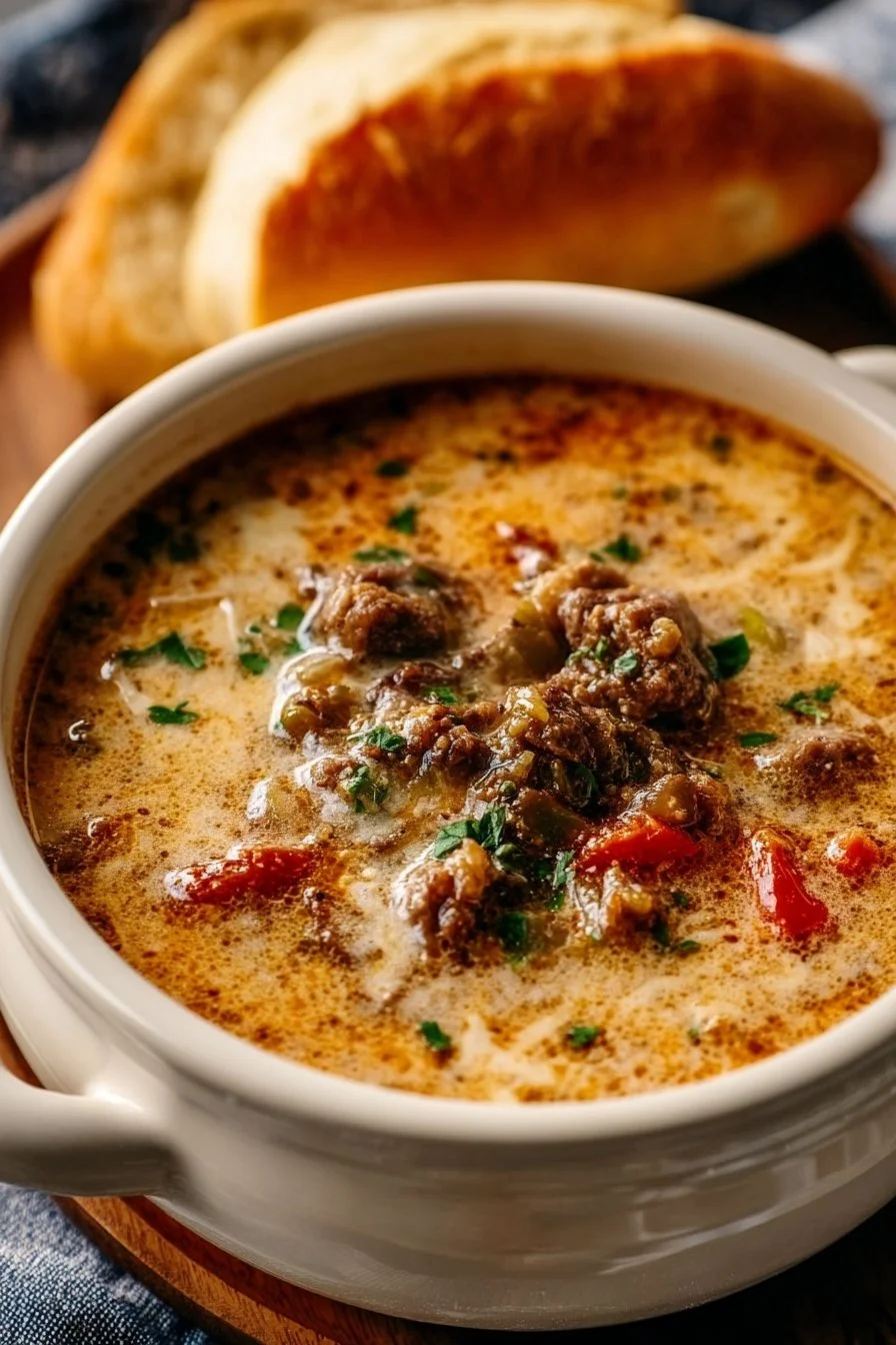 Delicious bowl of Philly cheesesteak soup with beef, cheese, and peppers