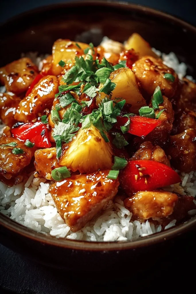 Plate of Pineapple Chicken served with rice, garnished with fresh pineapple chunks