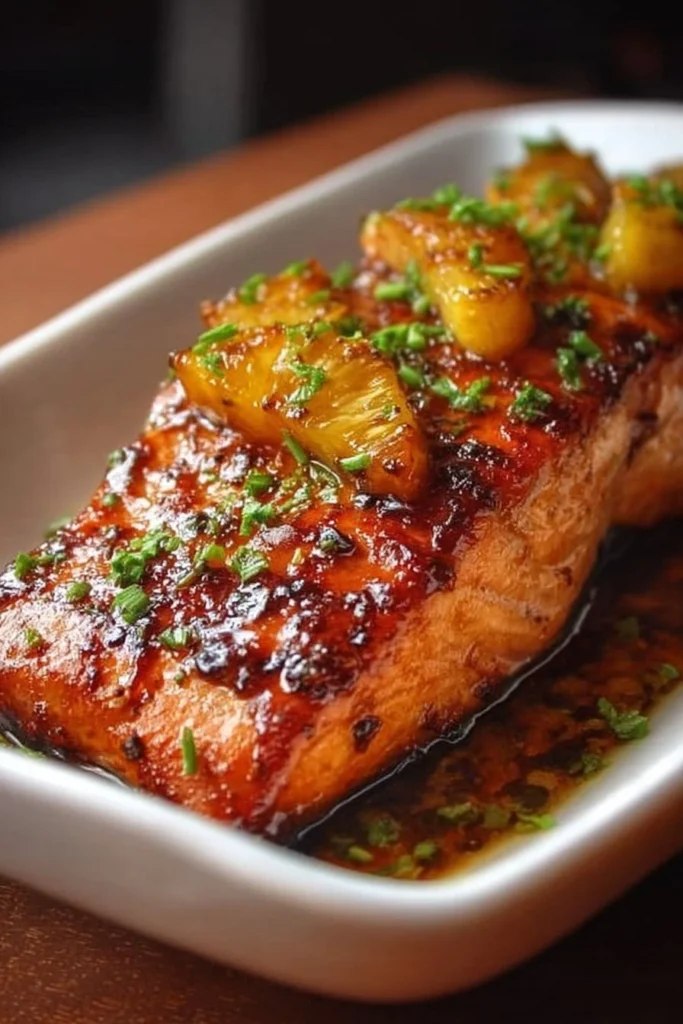 Delicious Pineapple Glazed Salmon with vibrant pineapple topping