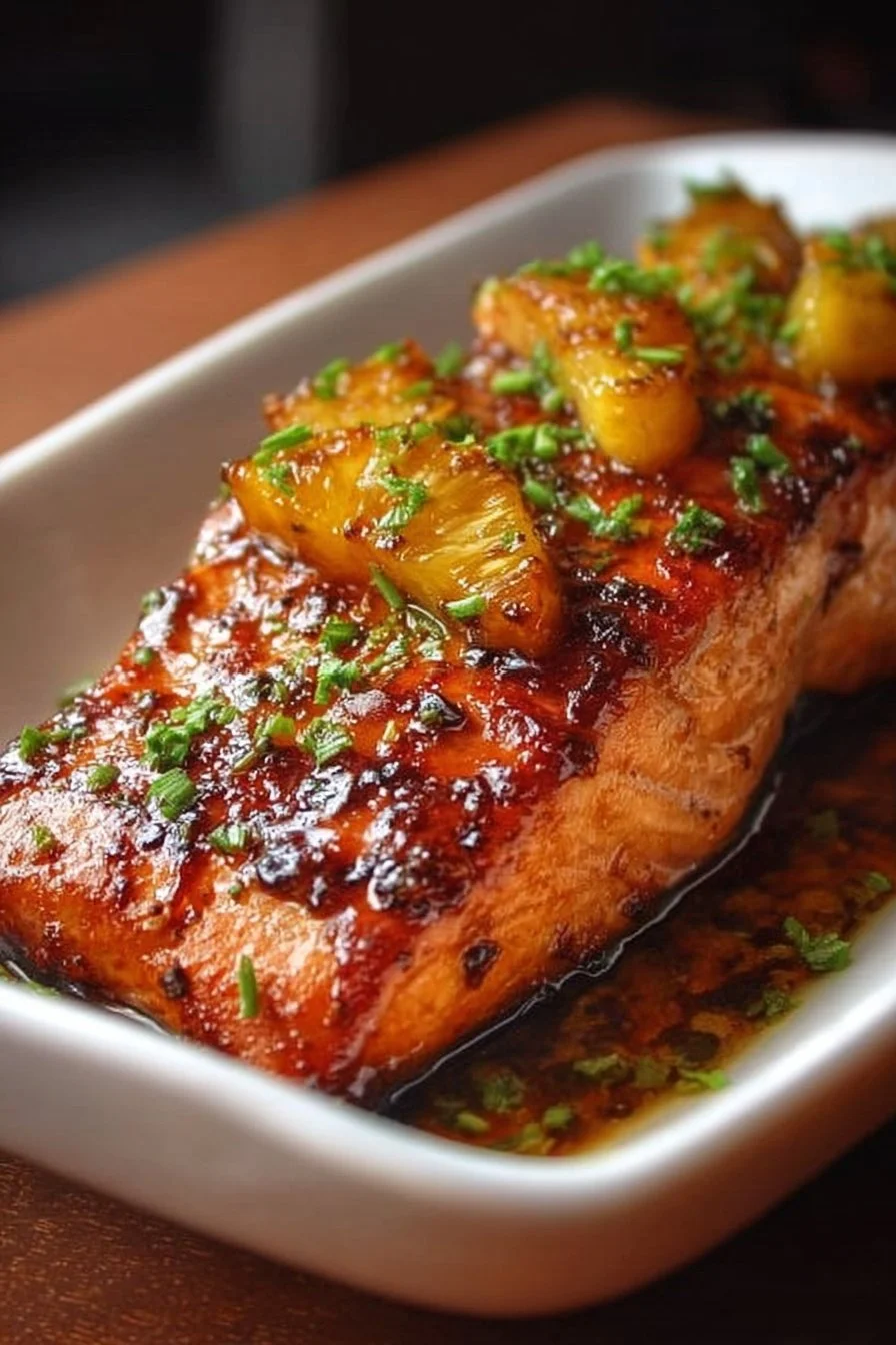 Delicious Pineapple Glazed Salmon with vibrant pineapple topping