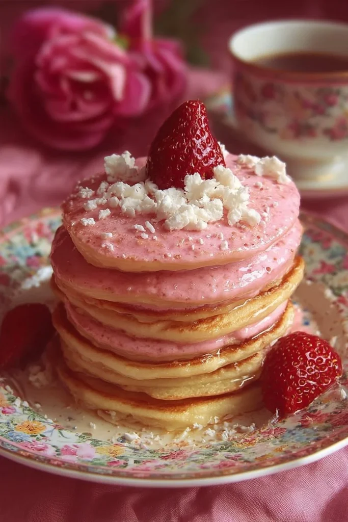 Delicious stack of pink pancakes topped with fresh berries and syrup