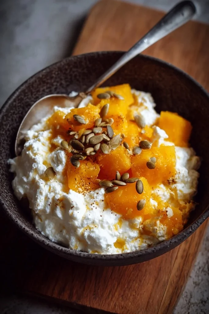 Delicious Pumpkin Cottage Cheese Bowl topped with spices and nuts