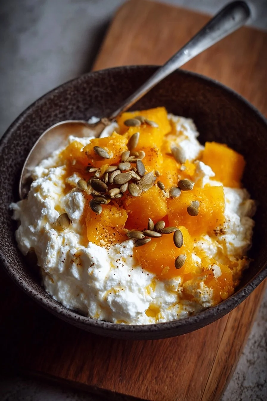 Delicious Pumpkin Cottage Cheese Bowl topped with spices and nuts