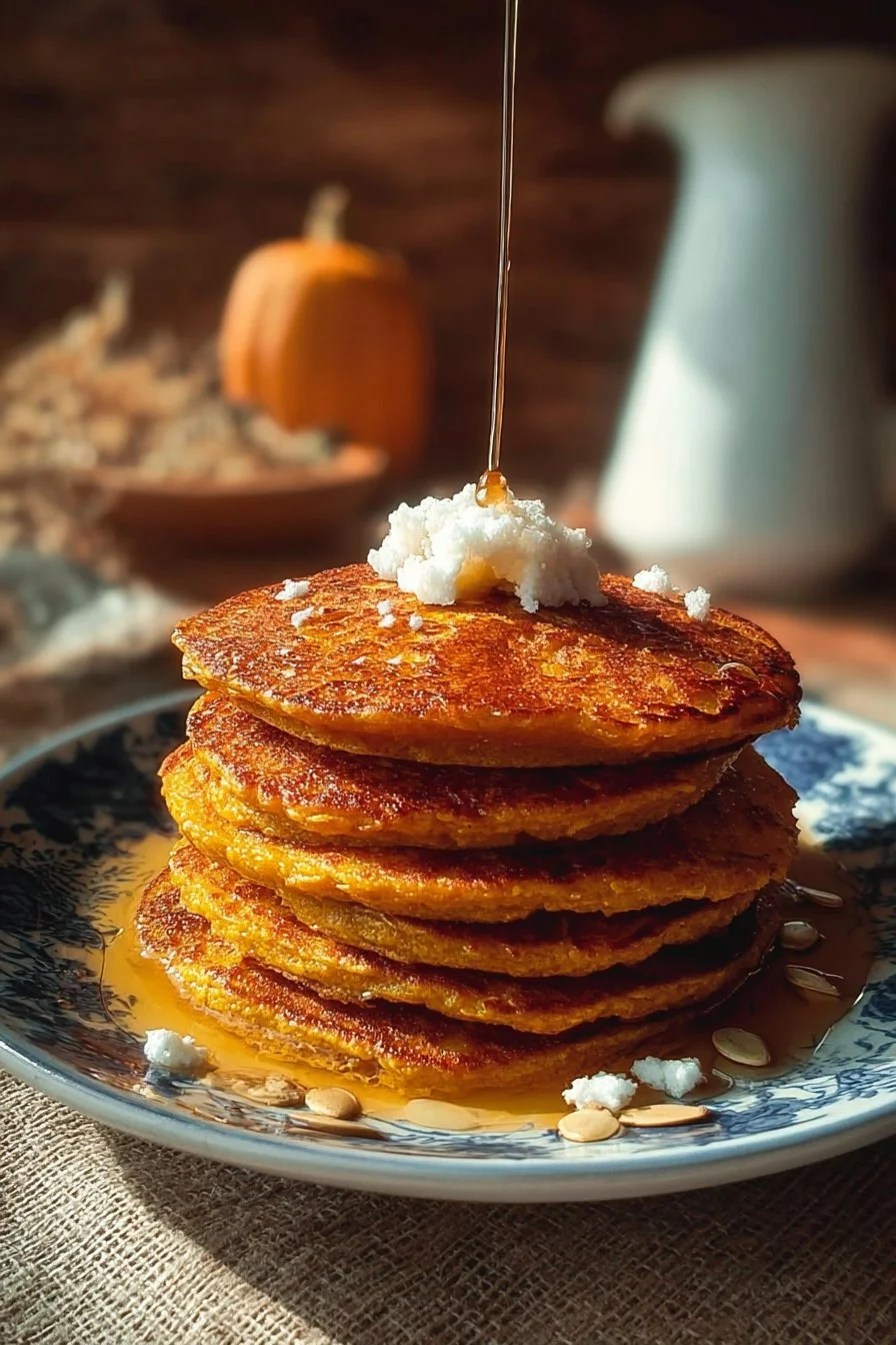 Pumpkin Cottage Cheese Pancakes 2 Fluffy pumpkin cottage cheese pancakes topped with maple syrup and cinnamon.