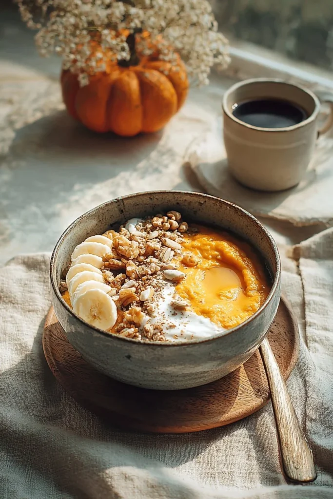 Pumpkin protein cottage cheese breakfast bowl garnished with nuts and cinnamon