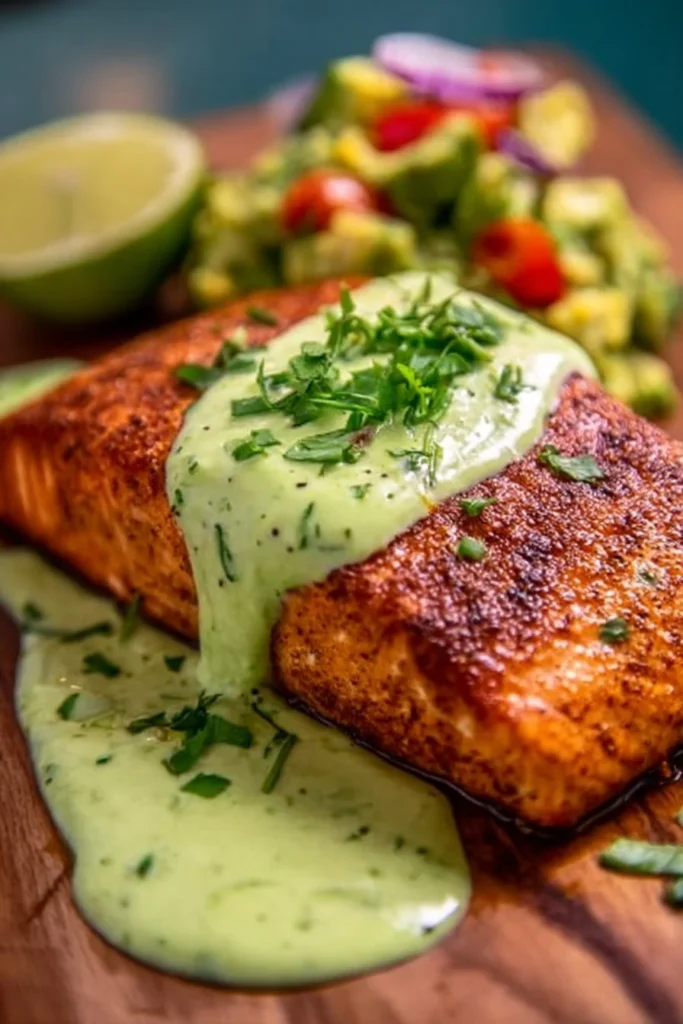 Quick Baked Cajun Salmon with Avocado Lime Sauce on a plate