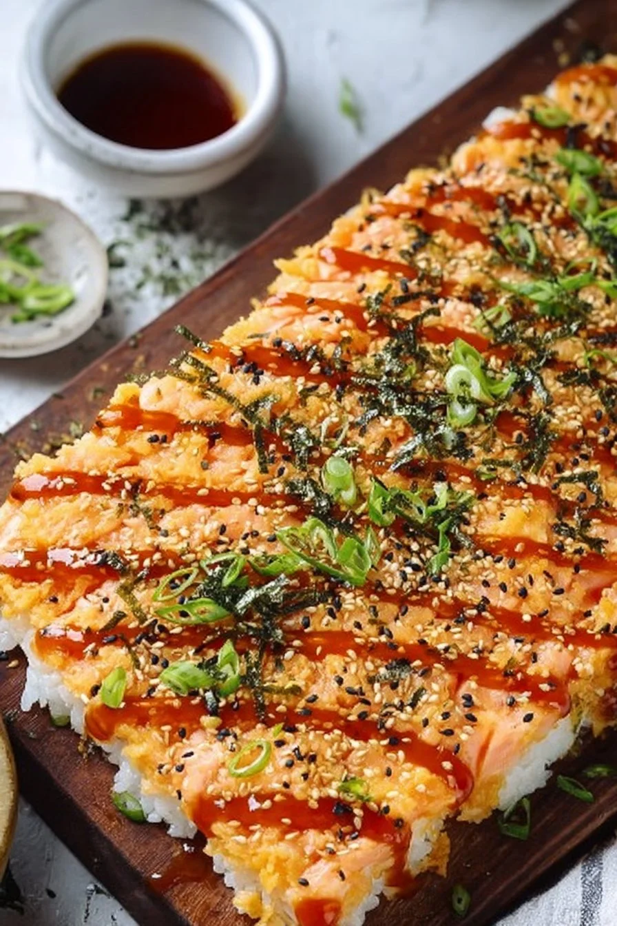 Salmon Sushi Bake 2 Delicious salmon sushi bake topped with avocado and sauces